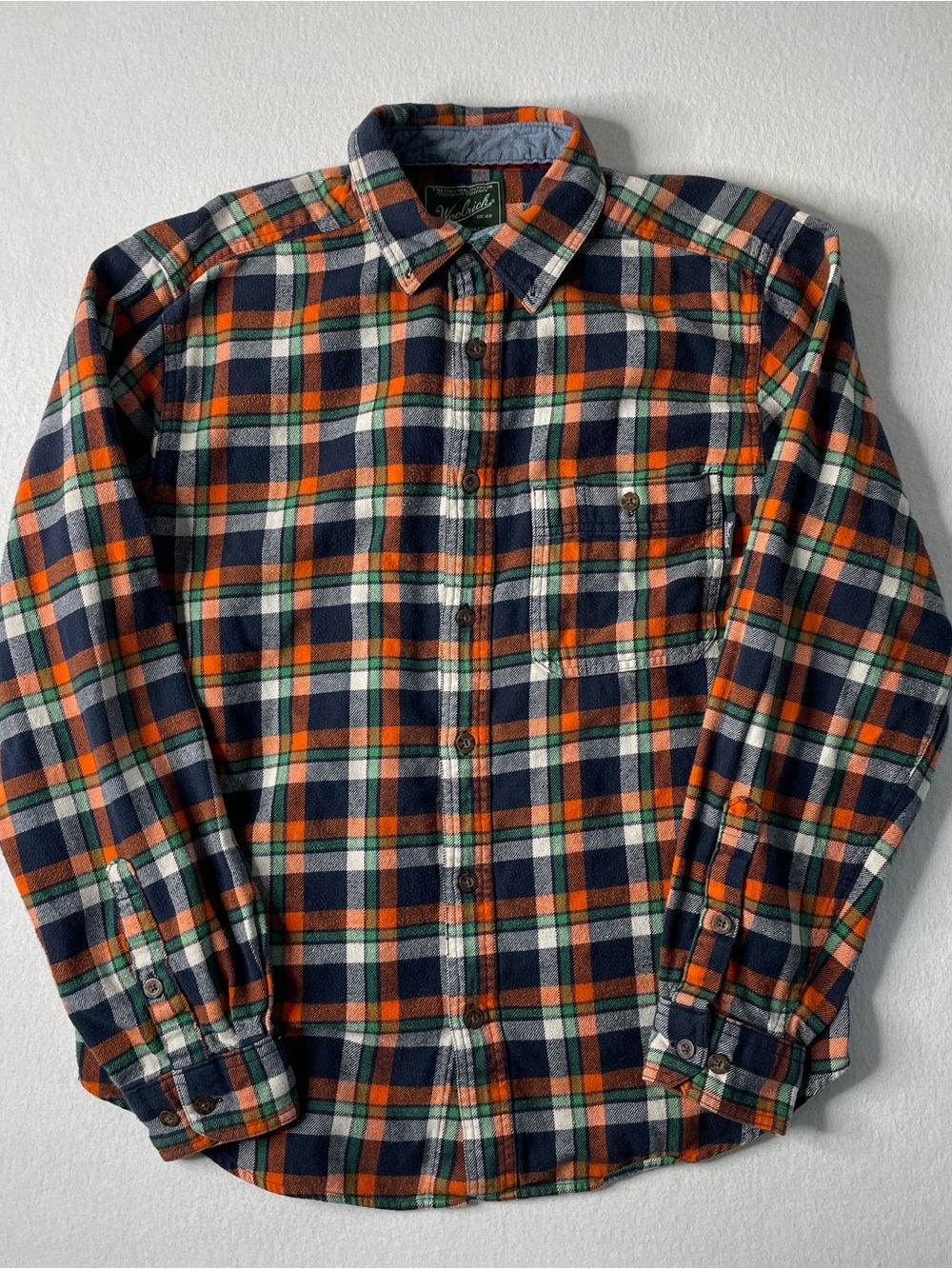 Woolrich Flannel Shirt Mens Medium Plaid Orange Blue Cotton Outdoors Cabincore